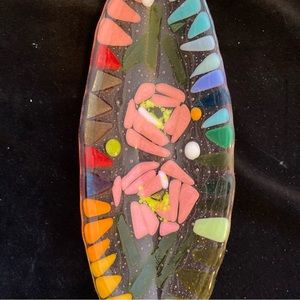 Peonies On Pink “Fused Art Glass  Handmade 11”x4.5” Oval Bowl Original Design